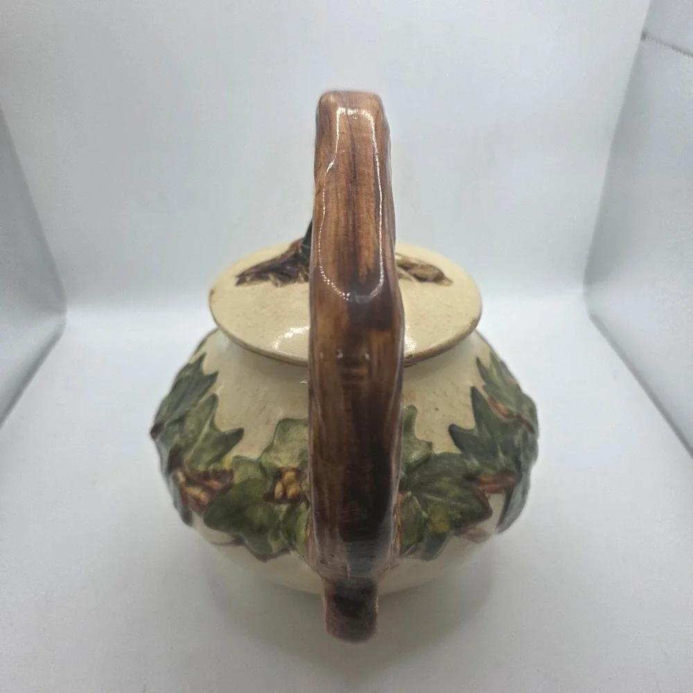 McCoy Pottery Ivy Teapot 1940s Raised Green Leaves Branch Handle w/ Lid